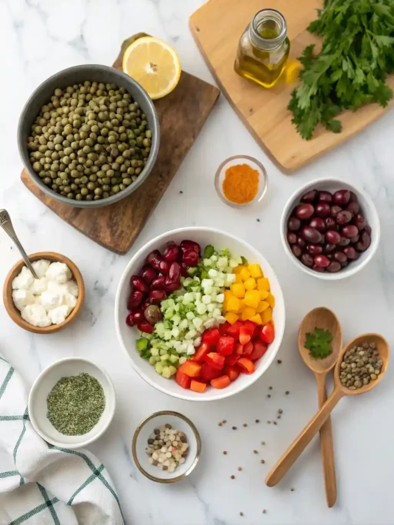 Overhead view of Mediterranean Lentil Salad ingredients measured out on marble countertop.